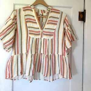 Ivy Jane Babydoll Ruffle Multicolor Striped Peasant Button Top Blouse